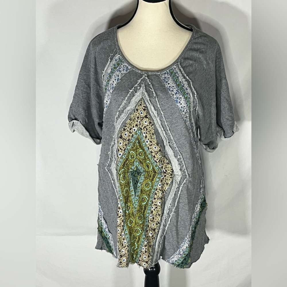 Free People Patchwork Distressed Raw Edge Boho Floral Knit Tunic Top Small